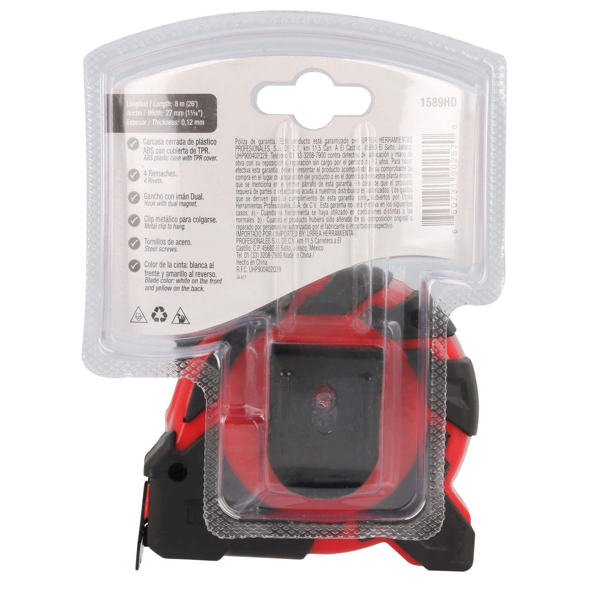 Flexómetro Anti-Impacto Con Carcasa De Caucho, 8 m x 27 mm, Urrea 1589HD