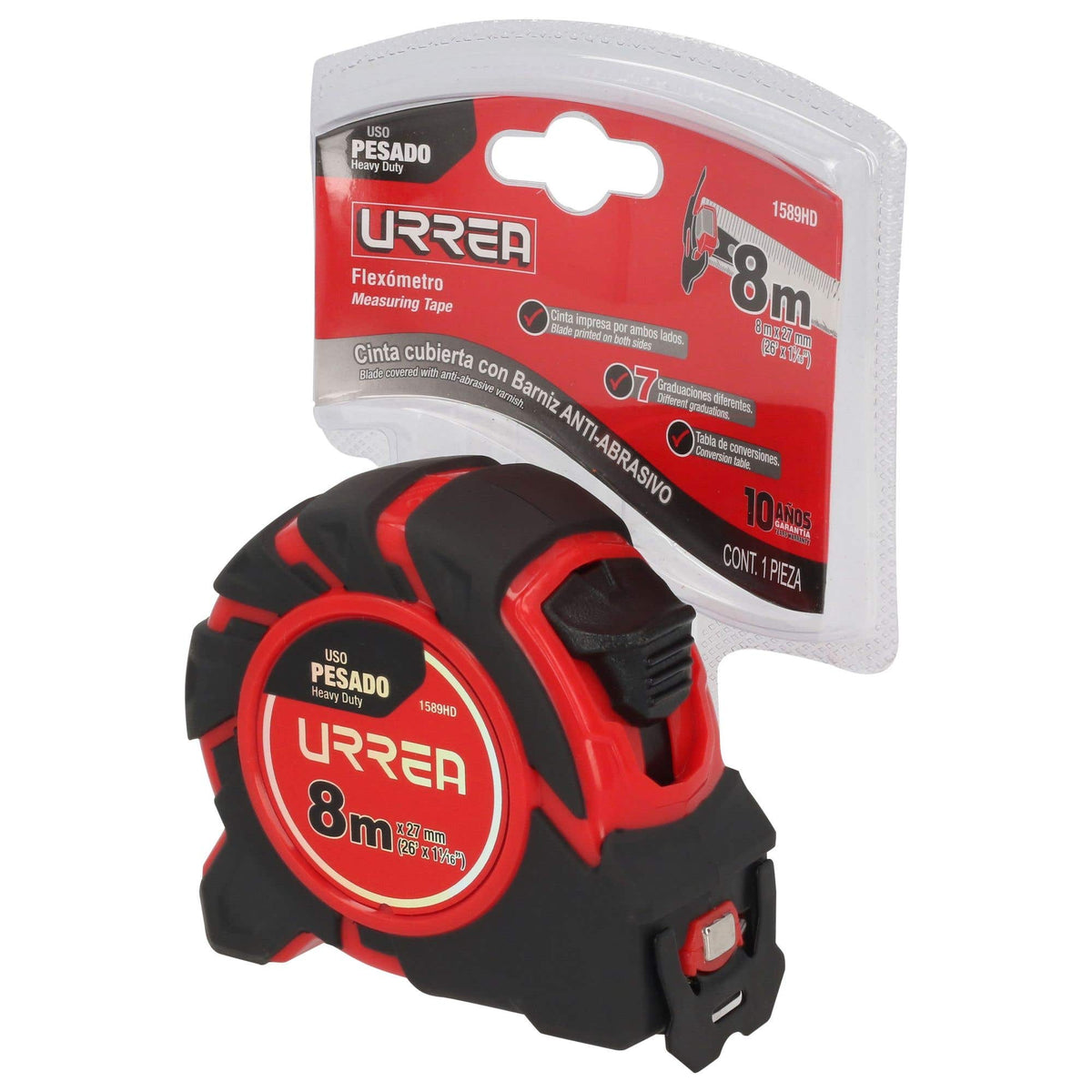 Flexómetro Anti-Impacto Con Carcasa De Caucho, 8 m x 27 mm, Urrea 1589HD