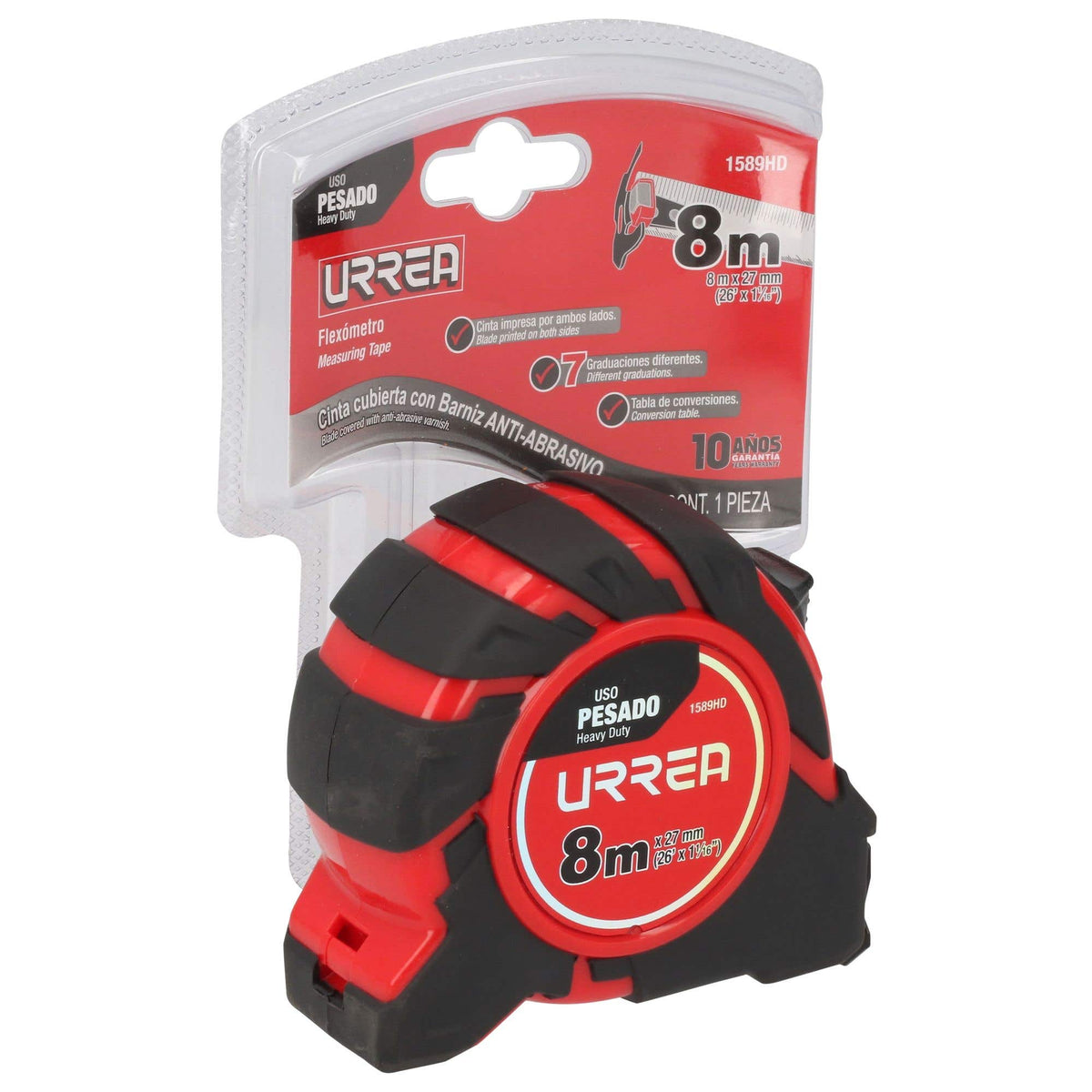 Flexómetro Anti-Impacto Con Carcasa De Caucho, 8 m x 27 mm, Urrea 1589HD