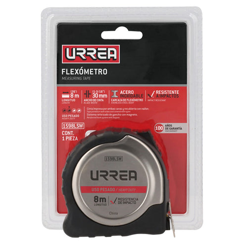 Flexómetro Anti-impacto De Acero Inoxidable, 8 m x 30 mm Urrea 1598LSW