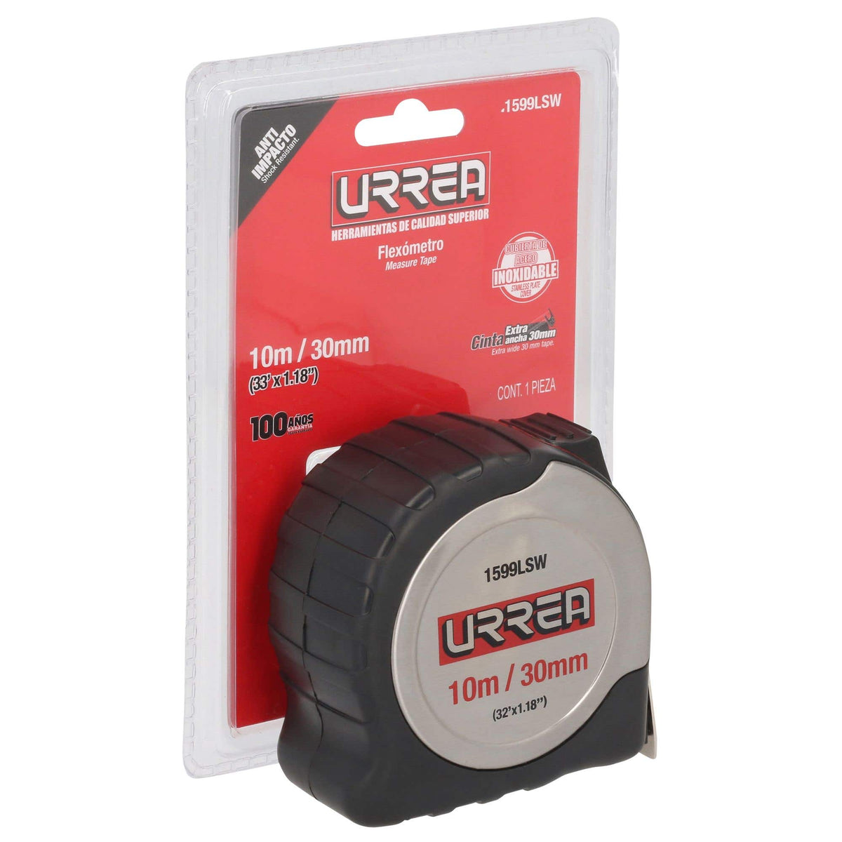 Flexómetro Anti-Impacto De Acero Inoxidable, 10 m x 30 mm, Urrea 1599LSW