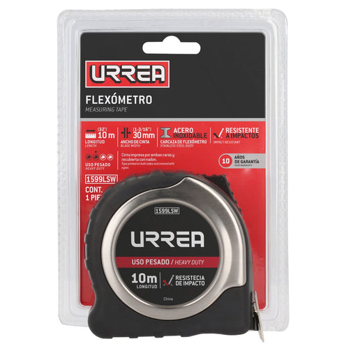 Flexómetro Anti-Impacto De Acero Inoxidable, 10 m x 30 mm, Urrea 1599LSW