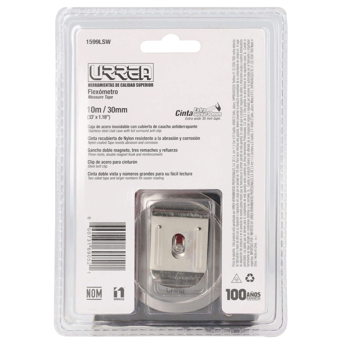 Flexómetro Anti-Impacto De Acero Inoxidable, 10 m x 30 mm, Urrea 1599LSW