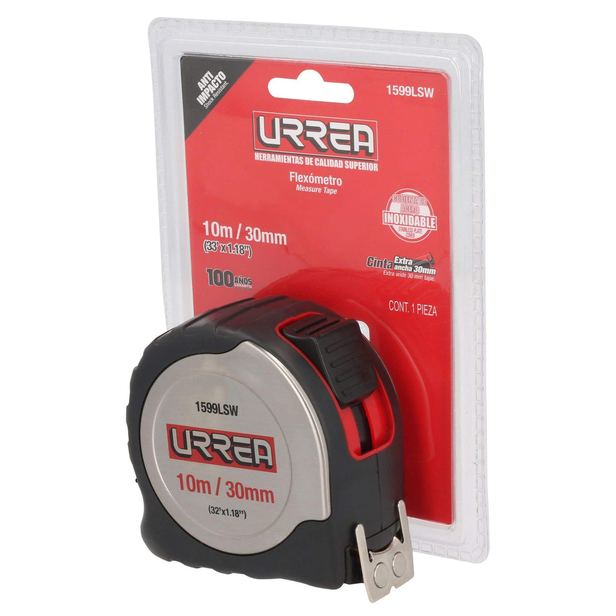 Flexómetro Anti-Impacto De Acero Inoxidable, 10 m x 30 mm, Urrea 1599LSW