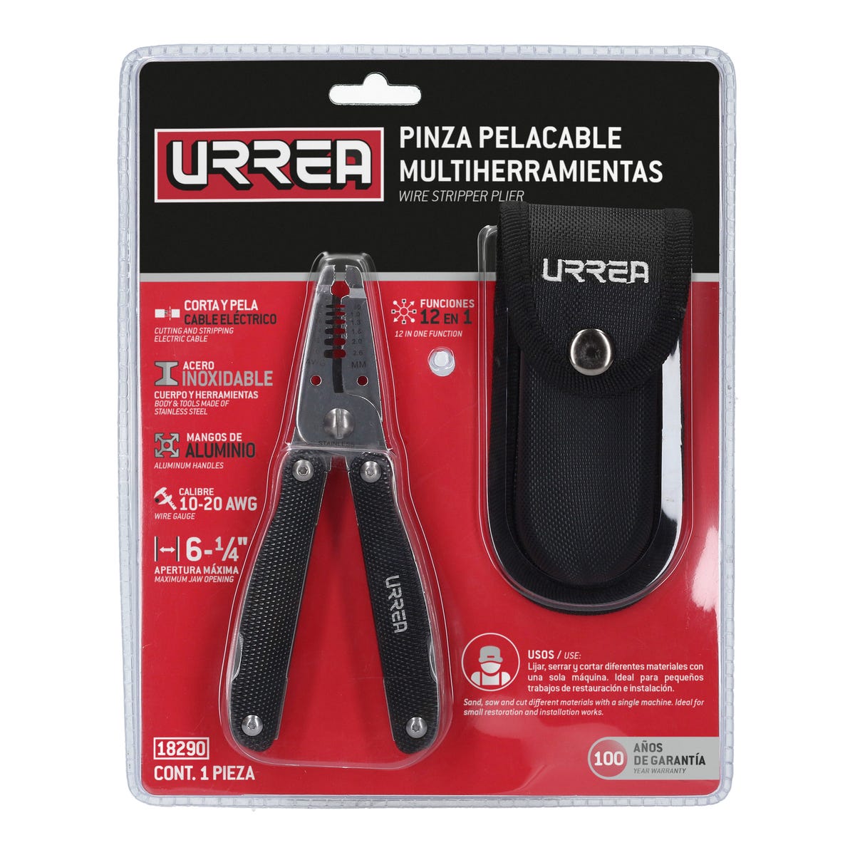 Pinza Multiherramienta Con Mango Antiderrapante De Aluminio 12 En 1 Pelacable De 6, Urrea 18290