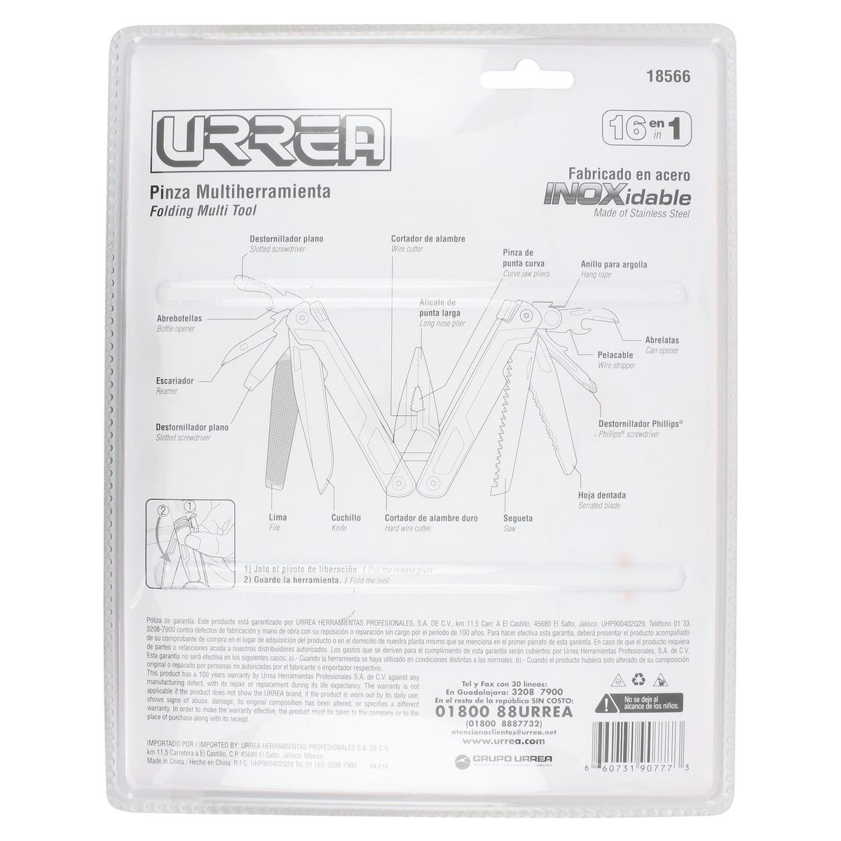 Pinza Multiherramienta Con Mango De Acero Inoxidable 16 En 1 De 7, Urrea 18566