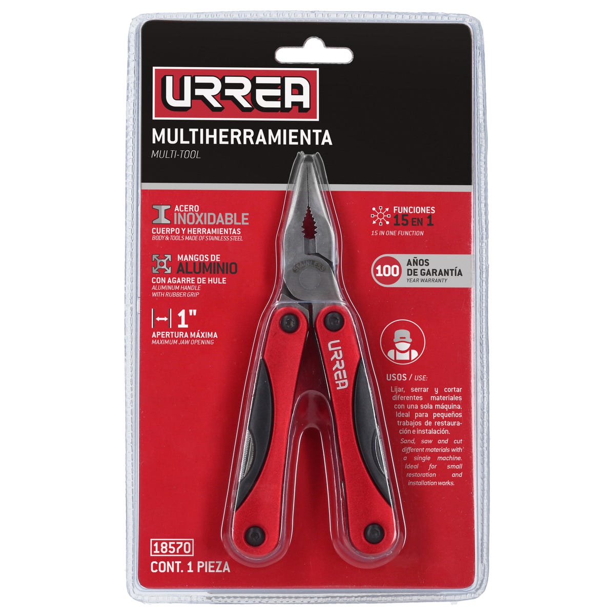 Pinza Multiherramienta Con Mango De Aluminio Y Hule 15 En 1 De 6, Urrea 18570