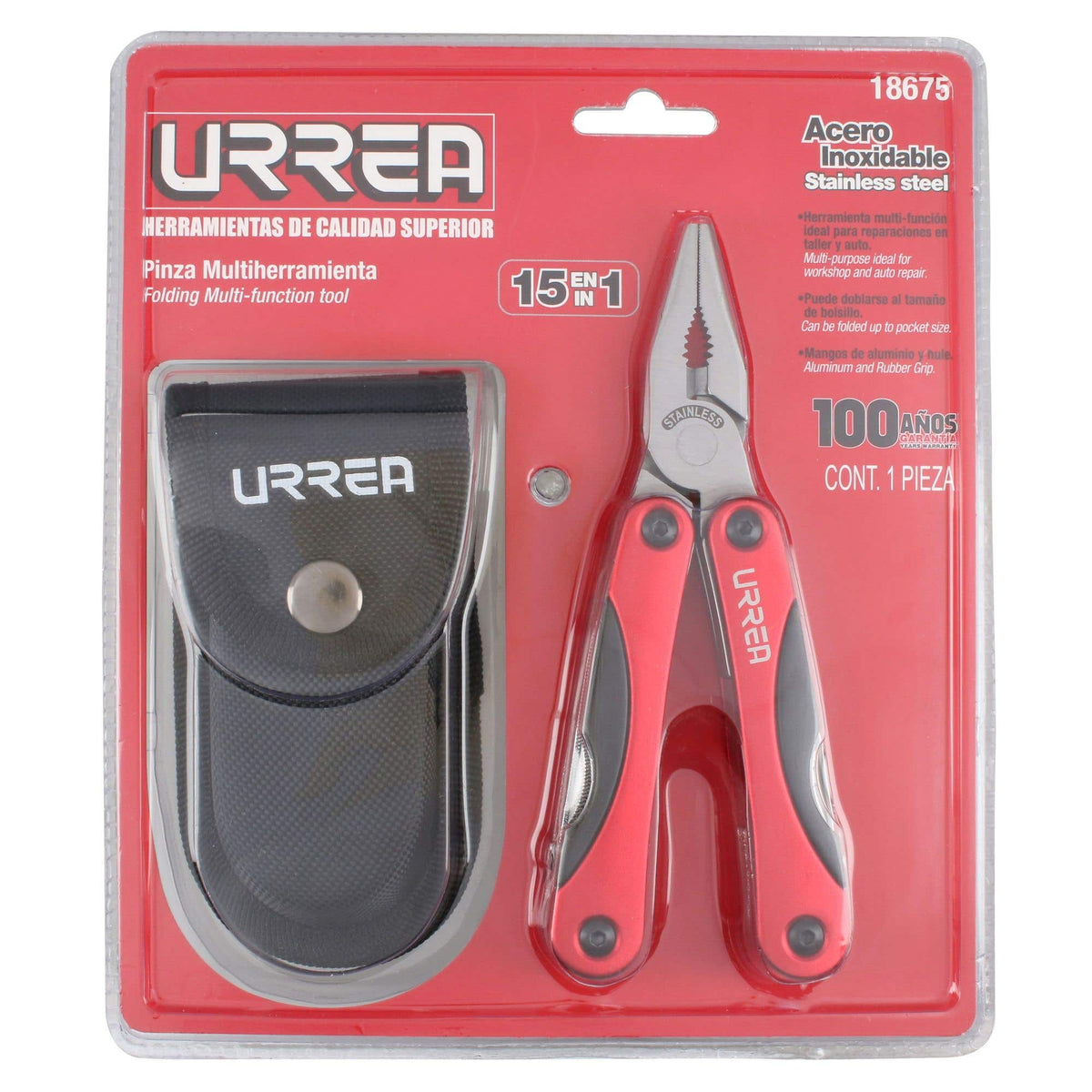 Pinza Multiherramienta Con Mango De Aluminio Y Hule 15 En 1 De 7, Urrea 18675