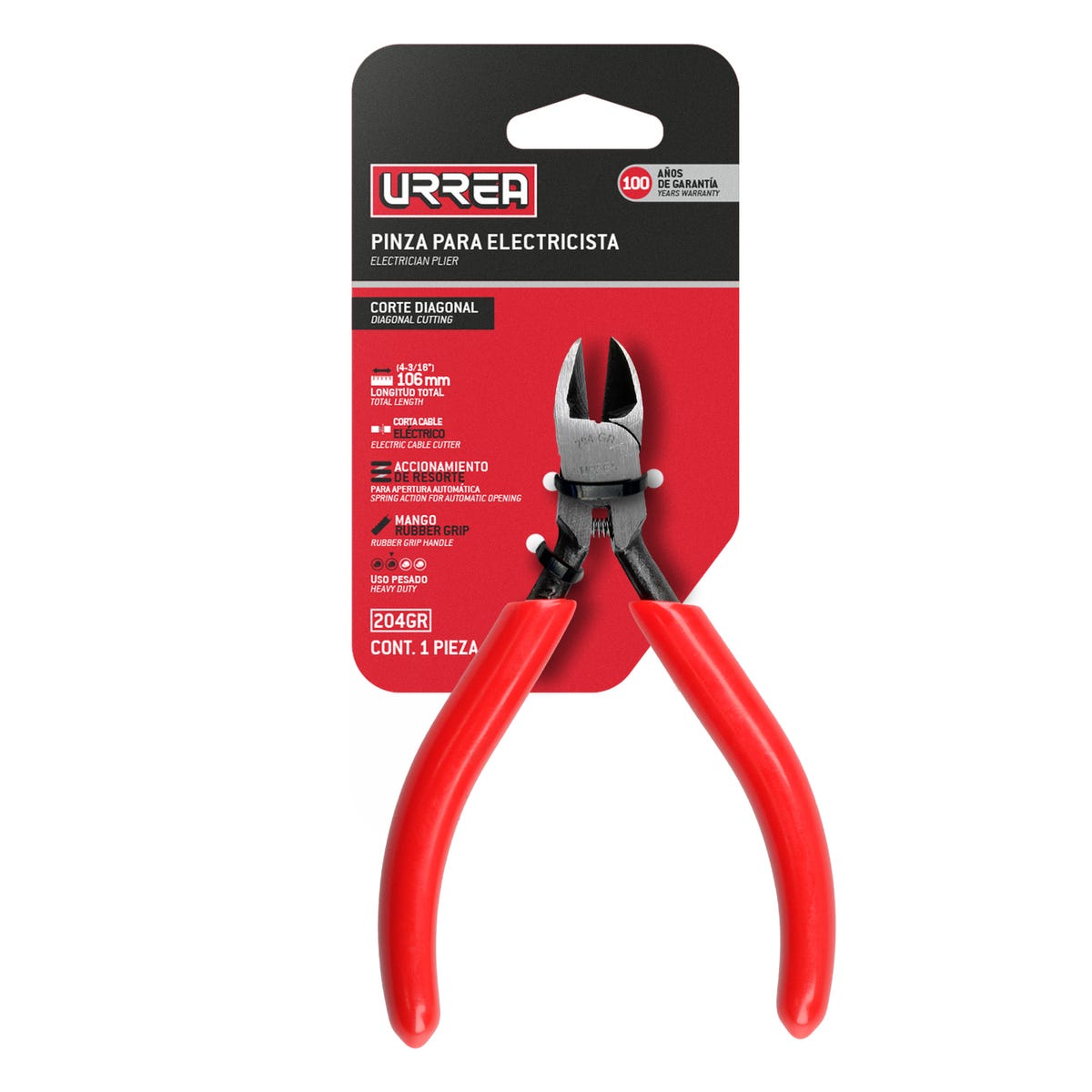 Pinza Para Electricista Con Mango Rubber Grip Con Resorte Corte Diagonal De 4-3/16, Urrea 204GR