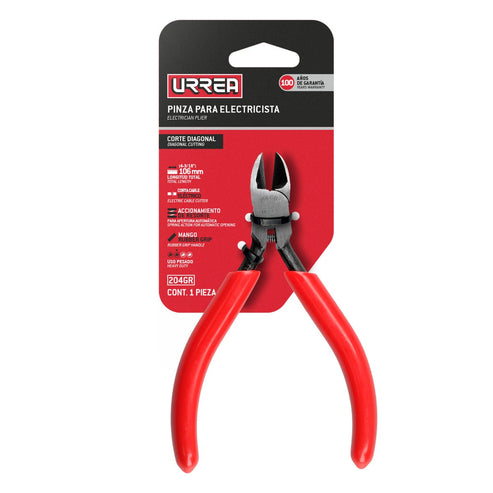 Pinza Para Electricista Con Mango Rubber Grip Con Resorte Corte Diagonal De 4-3/16, Urrea 204GR