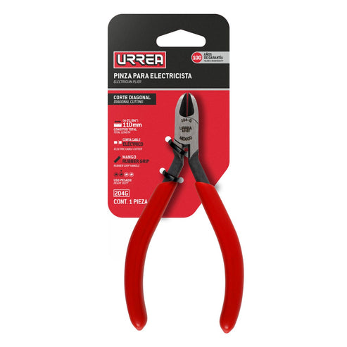 Pinza Para Electricista Con Mango Rubber Grip Corte Diagonal De 4-3/16, Urrea 204G