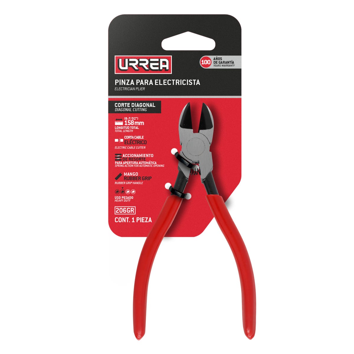Pinza de corte diagonal con resorte 6" Urrea 206GR