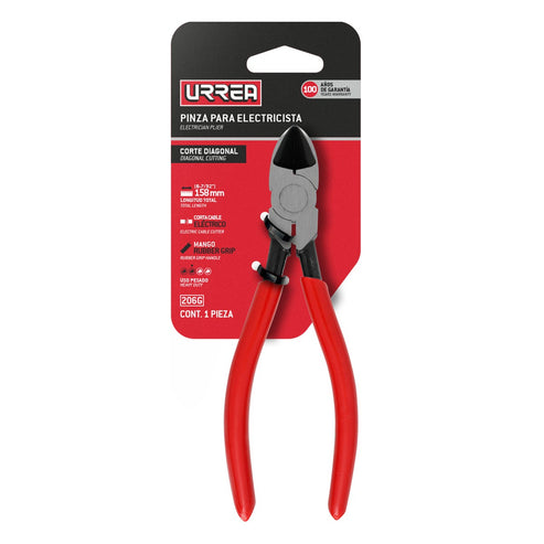 Pinza Para Electricista Con Mango Rubber Grip Corte Diagonal De 6-1/64, Urrea 206G