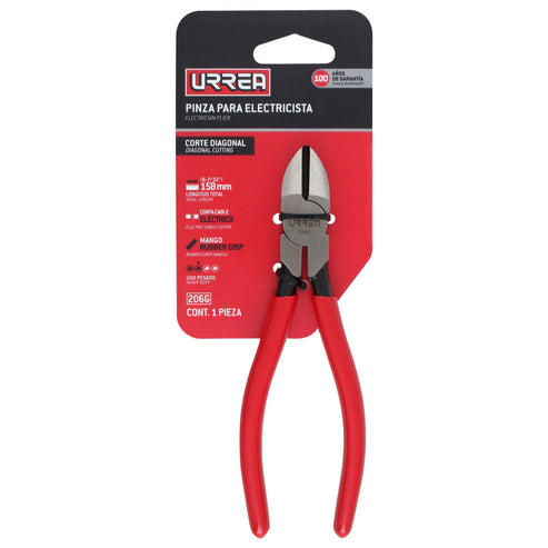 Pinza Para Electricista Con Mango Rubber Grip Corte Diagonal De 6-1/64, Urrea 206G