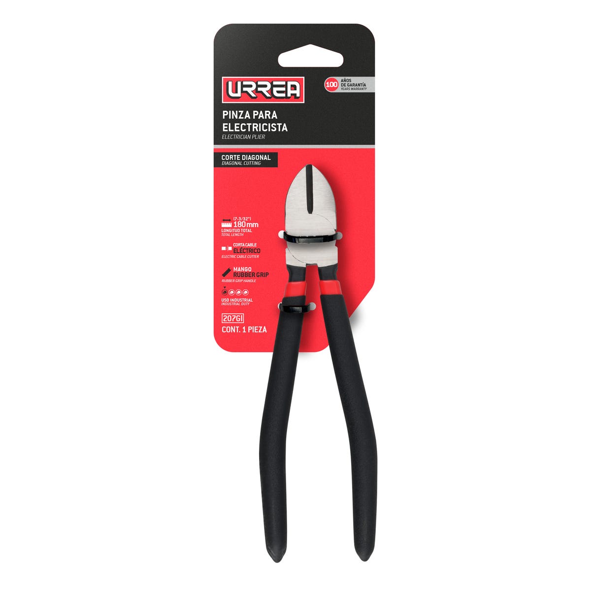 Pinza Para Electricista Con Mango Rubber Grip Punta Conica Corte Diagonal De 7-3/4, Urrea 207GI