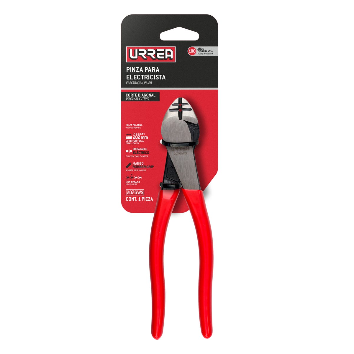 Pinza Para Electricista Con Mango Rubber Grip Pelacables Corte Diagonal De 7-5/16, Urrea 207GWS
