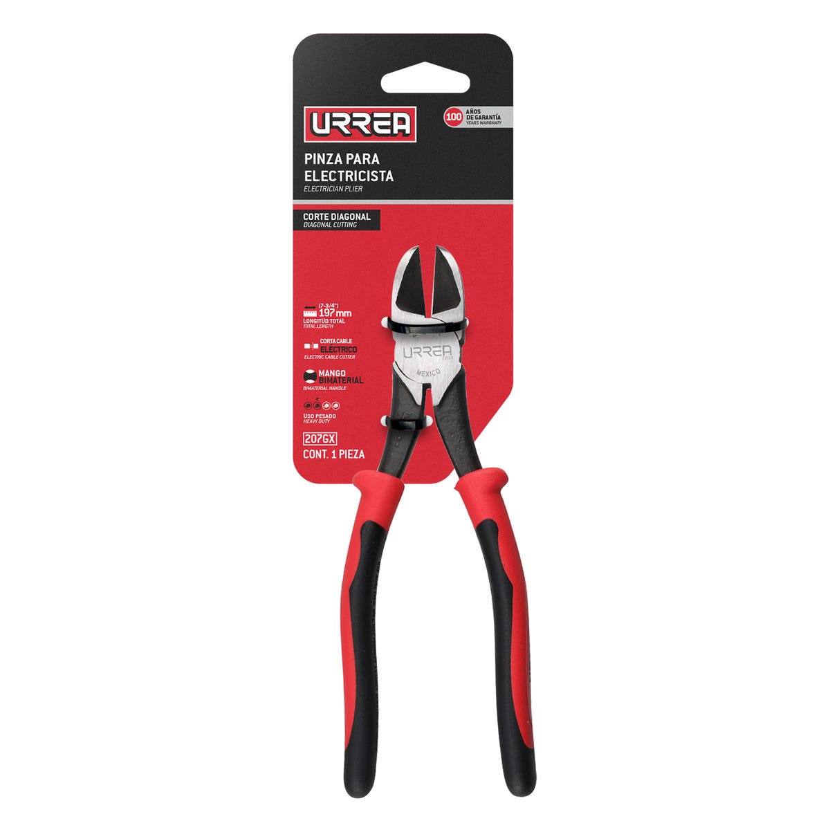 Pinza Para Electricista Con Mango Bimaterial Corte Diagonal Alta Palanca De 7-3/4, Urrea 207GX