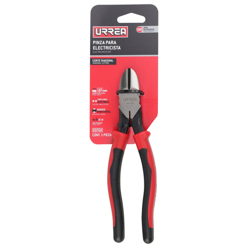 Pinza Para Electricista Con Mango Bimaterial Corte Diagonal Alta Palanca De 7-3/4, Urrea 207GX