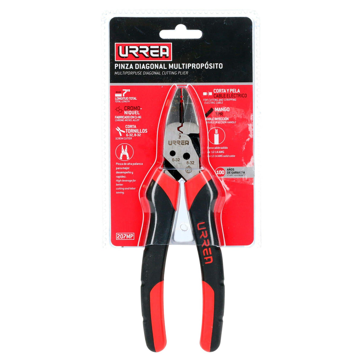 Pinza Multipropósitos Con Mango Bimaterial Punta Diagonal Corte Diagonal De 7, Urrea 207MP