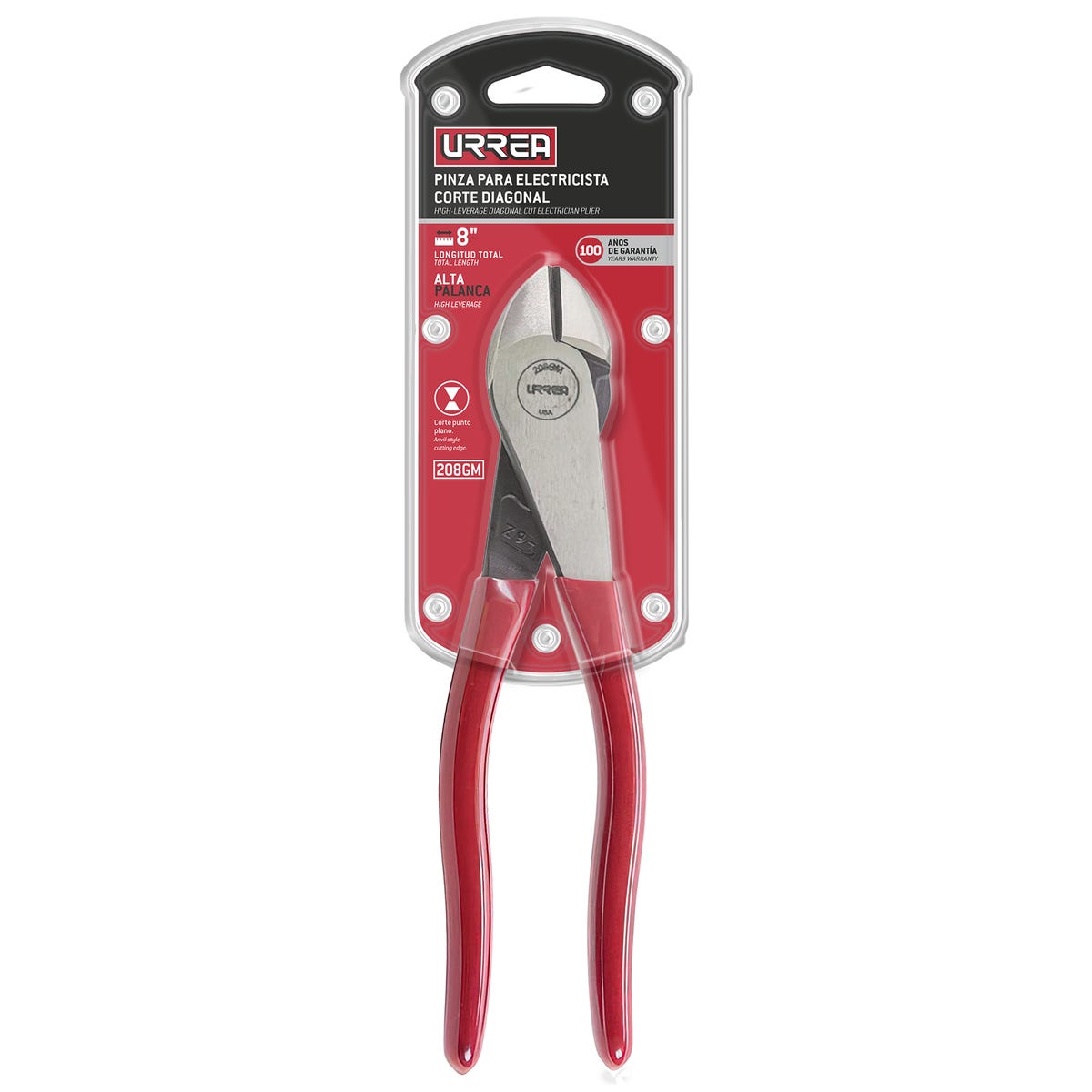 Pinza Para Electricista Con Mango Rubber Grip Corte Lateral De 8, Urrea 208GM