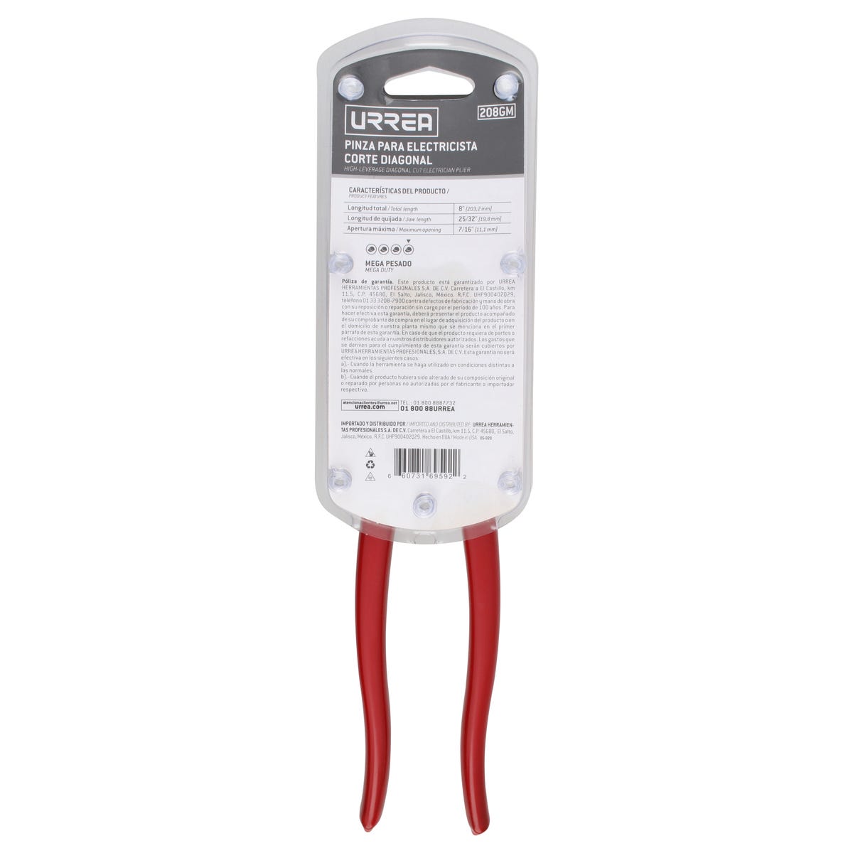 Pinza Para Electricista Con Mango Rubber Grip Corte Lateral De 8, Urrea 208GM