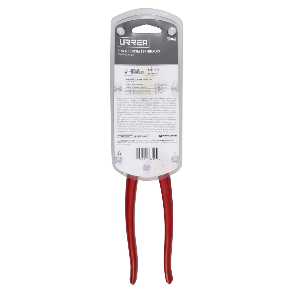 Pinza Para Electricista Con Mango Rubber Grip Alta Palanca Poncha Terminal De 9-1/2, Urrea 208G