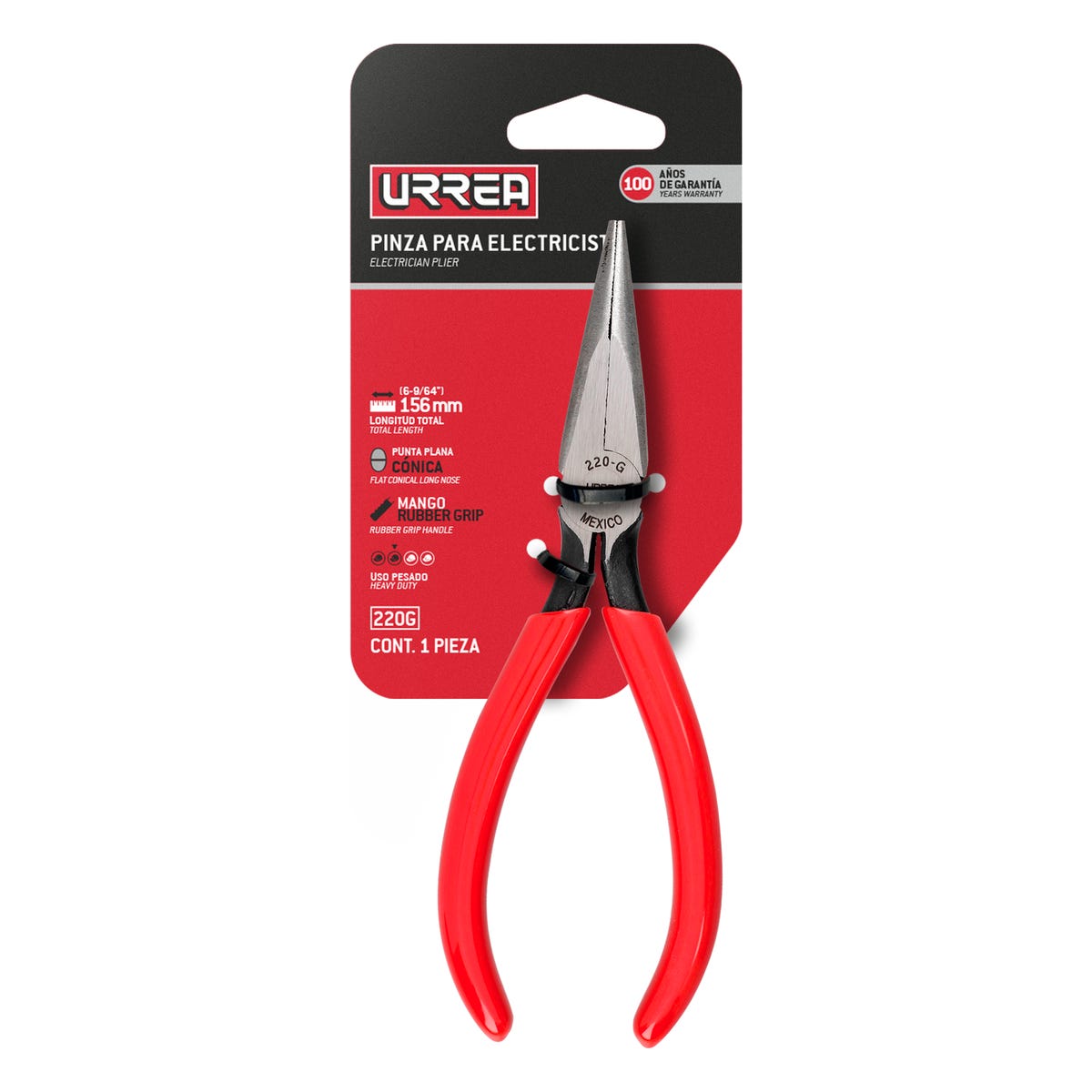 Pinza Para Electricista Con Mango Rubber Grip Punta Plana Conica Sin Corte De 6-5/8, Urrea 220G
