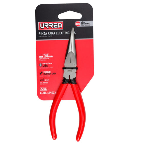 Pinza Para Electricista Con Mango Rubber Grip Punta Plana Conica Sin Corte De 6-5/8, Urrea 220G