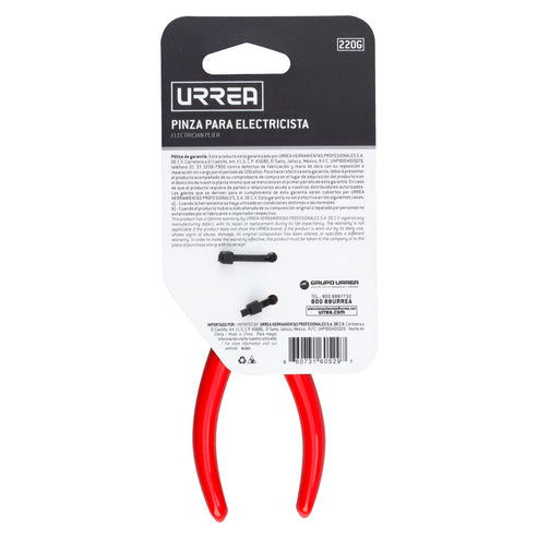 Pinza Para Electricista Con Mango Rubber Grip Punta Plana Conica Sin Corte De 6-5/8, Urrea 220G