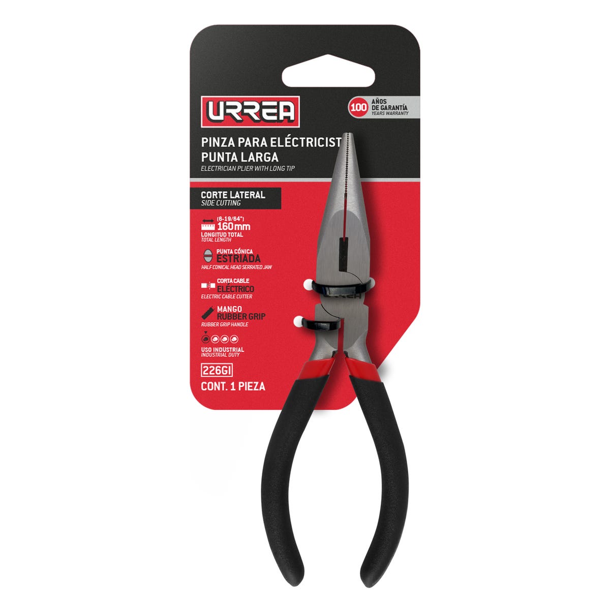 Pinza Para Electricista Con Mango Rubber Grip Punta Larga Corte Lateral De 6-3/4, Urrea 226GI