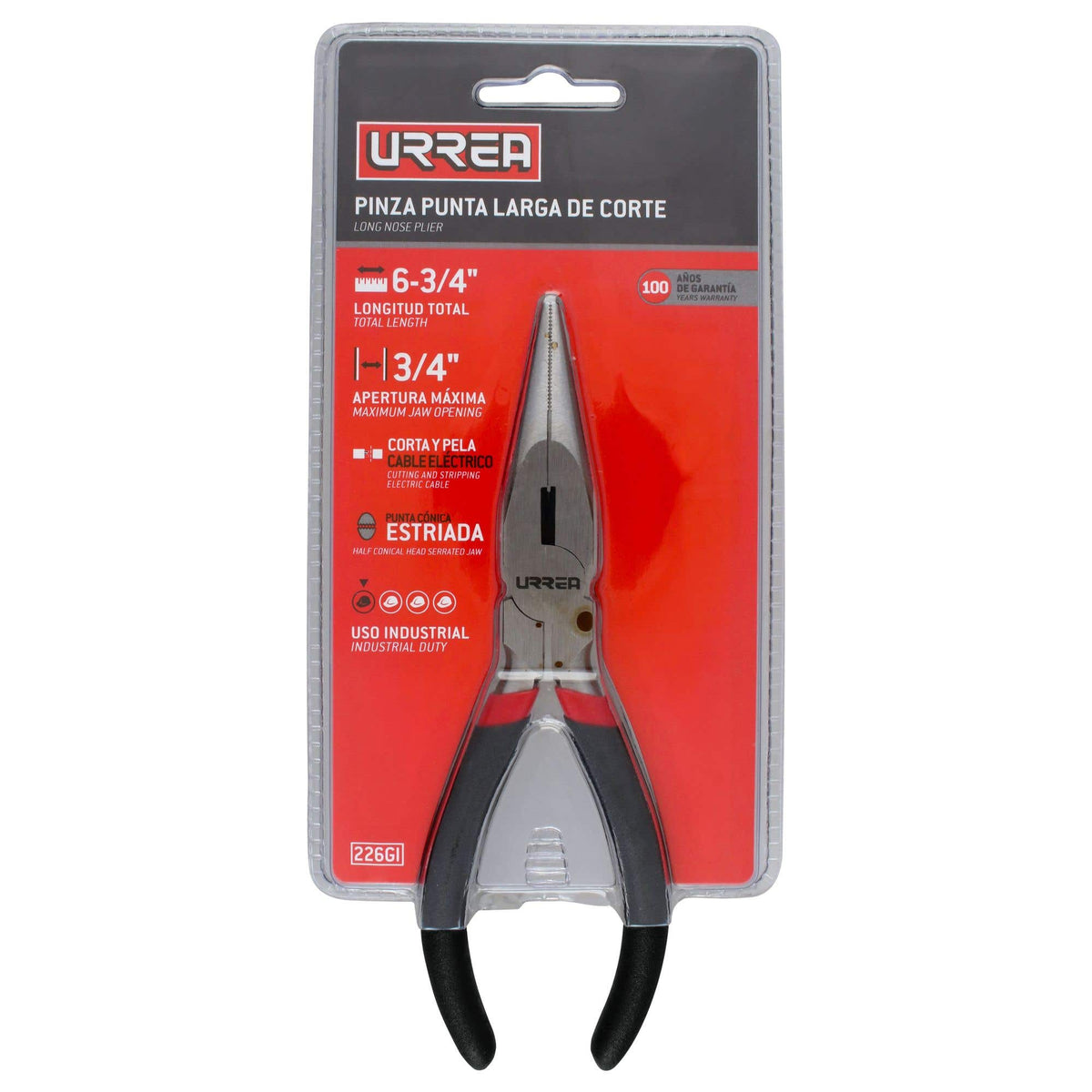 Pinza Para Electricista Con Mango Rubber Grip Punta Larga Corte Lateral De 6-3/4, Urrea 226GI