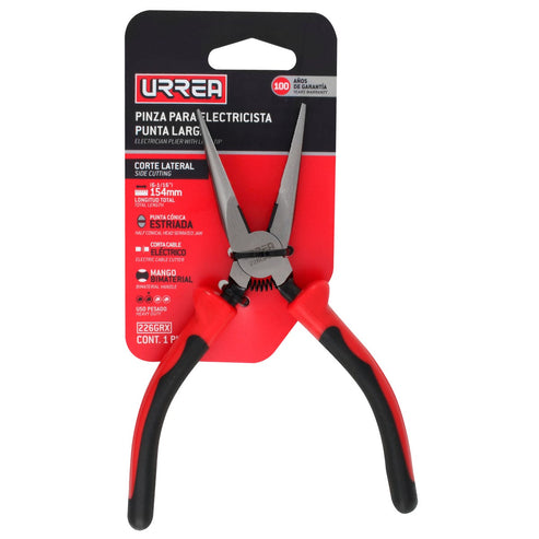 Pinza Para Electricista Con Mango Bimaterial Punta Larga Corte Lateral De 6-23/32, Urrea 226GRX
