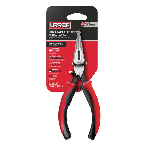 Pinza Para Electricista Con Mango Bimaterial Punta Larga Corte Lateral De 6-23/32, Urrea 226GRX