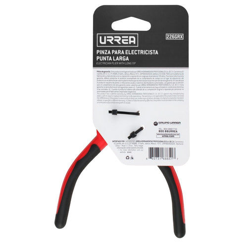 Pinza Para Electricista Con Mango Bimaterial Punta Larga Corte Lateral De 6-23/32, Urrea 226GRX