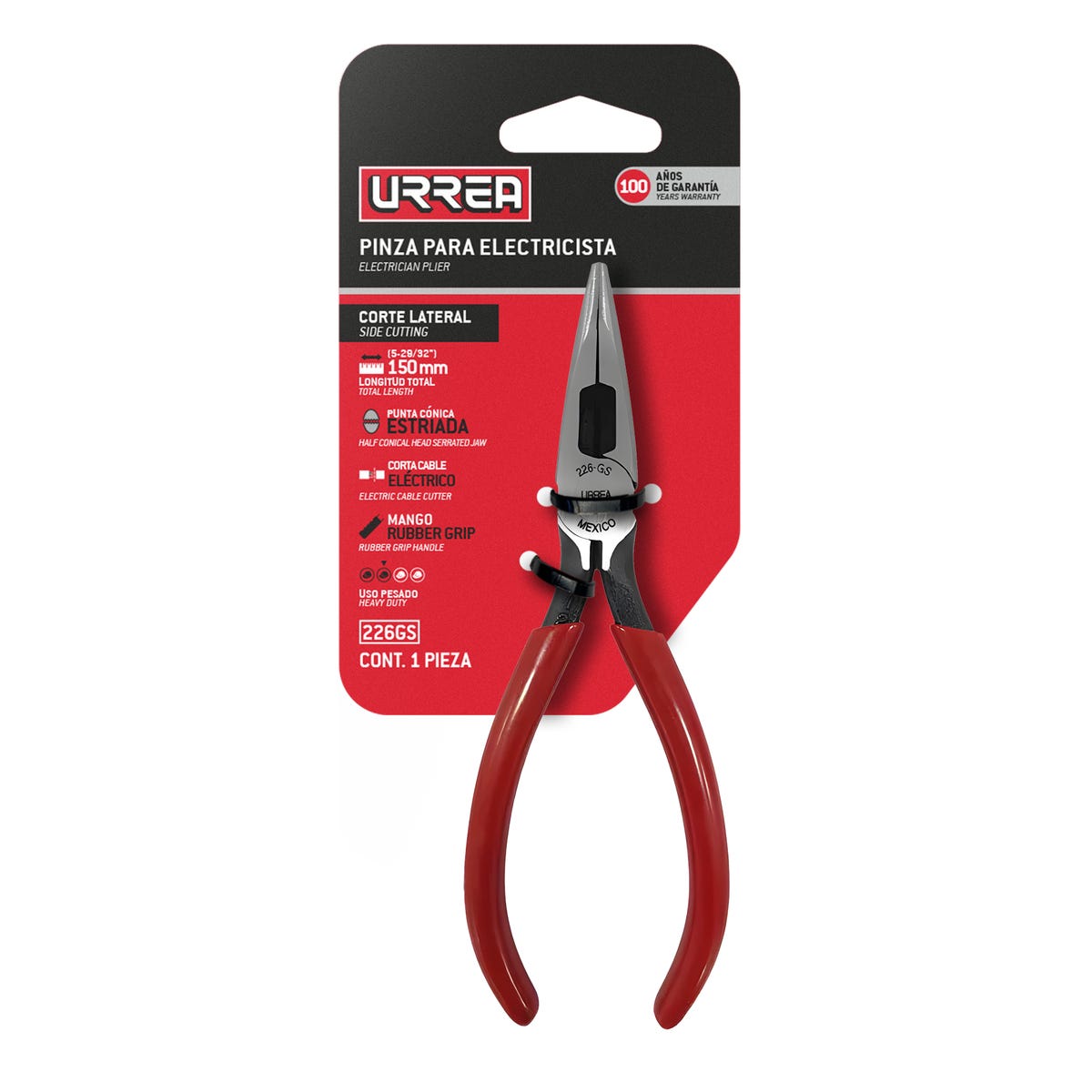 Pinza Para Electricista Con Mango Rubber Grip Con Punta Cónica Corte Lateral De 6-1/4, Urrea 226GS