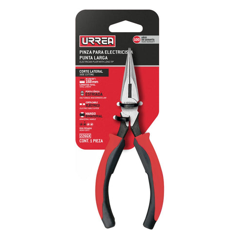 Pinza Para Electricista Con Mango Bimaterial Punta Larga Corte Lateral C/resorte 6-23/32, Urrea 226GX