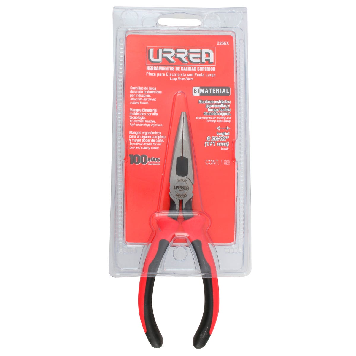 Pinza Para Electricista Con Mango Bimaterial Punta Larga Corte Lateral C/resorte 6-23/32, Urrea 226GX