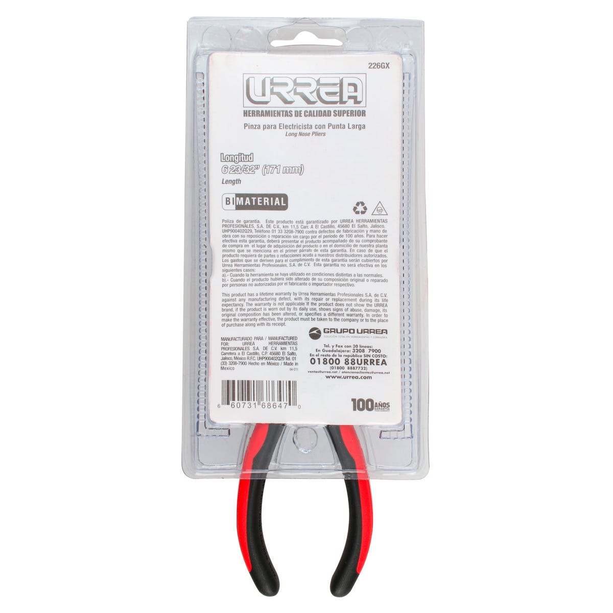 Pinza Para Electricista Con Mango Bimaterial Punta Larga Corte Lateral C/resorte 6-23/32, Urrea 226GX