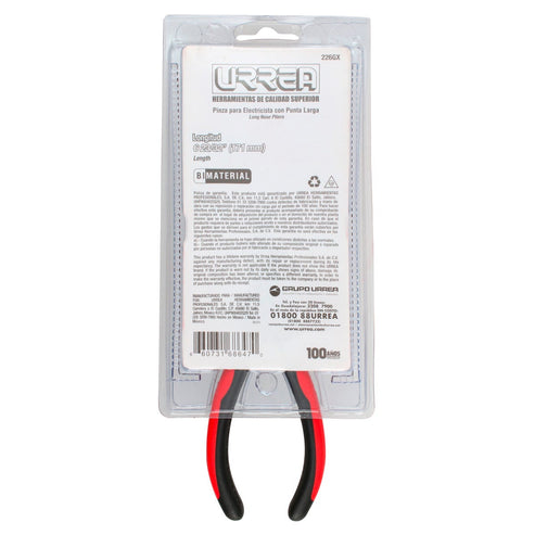Pinza Para Electricista Con Mango Bimaterial Punta Larga Corte Lateral C/resorte 6-23/32, Urrea 226GX