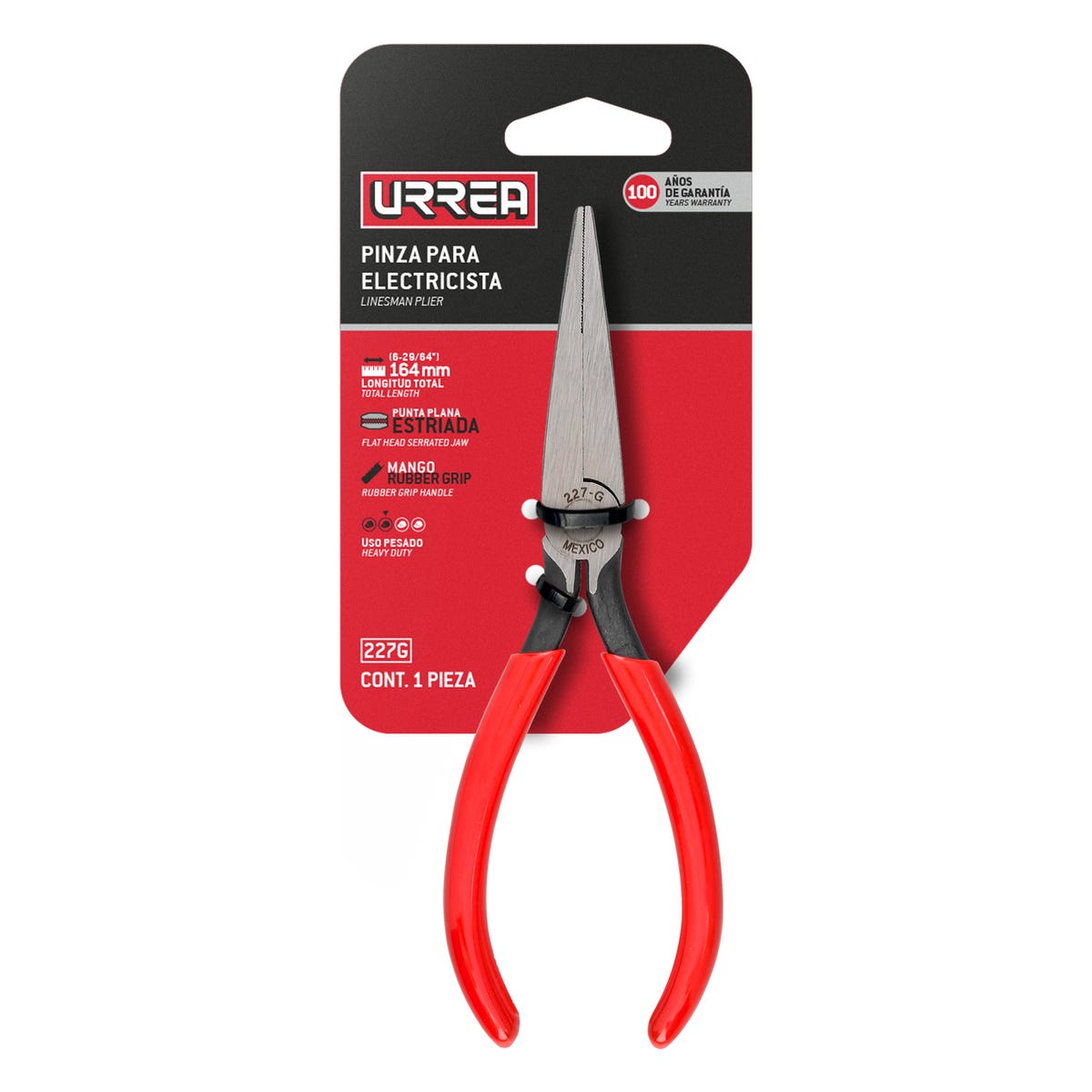 Pinza Para Electricista Con Mango Rubber Grip Punta Plana Sin Corte De 6-5/8, Urrea 227G