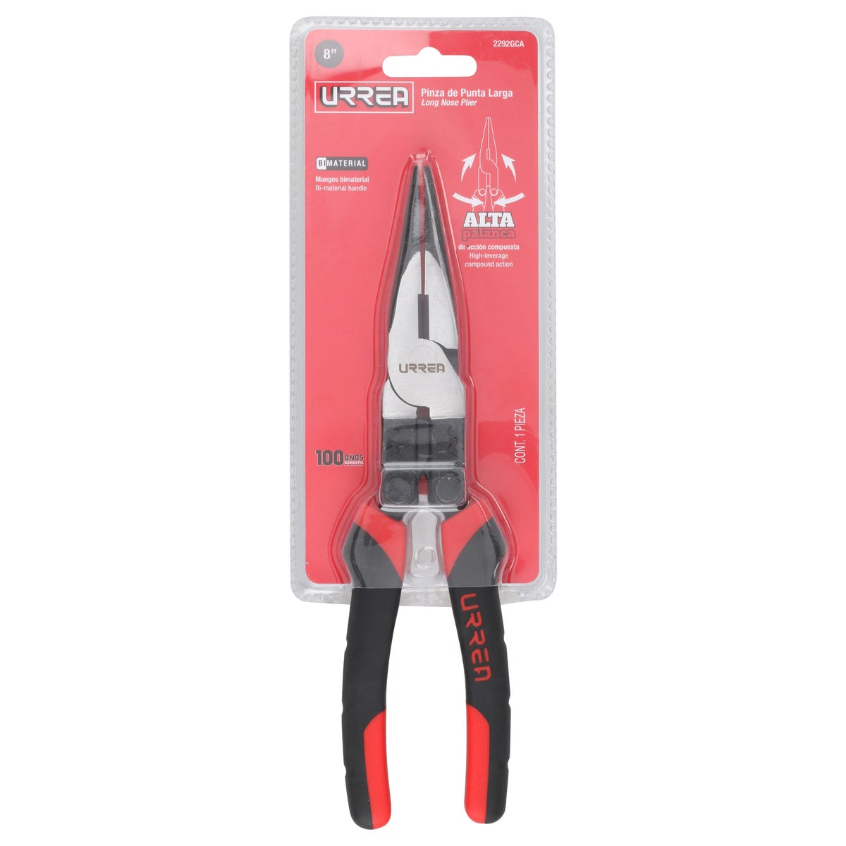 Pinza Para Electricista Con Mango Bimaterial Palanca Compuesta Punta Larga De 8, Urrea 2292GCA