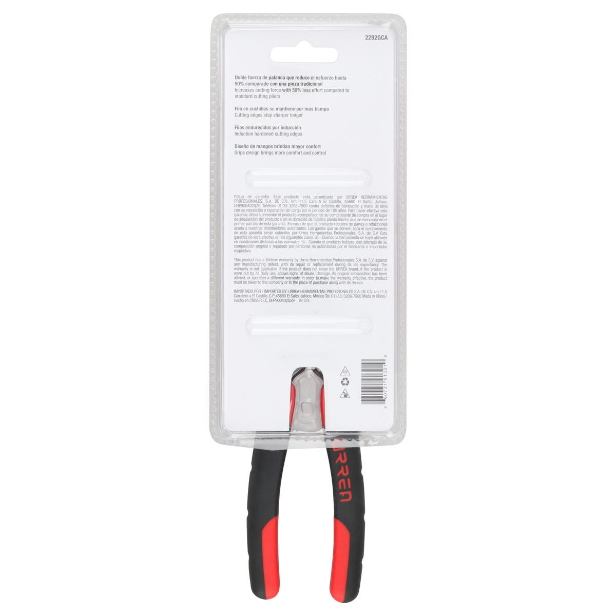Pinza Para Electricista Con Mango Bimaterial Palanca Compuesta Punta Larga De 8, Urrea 2292GCA
