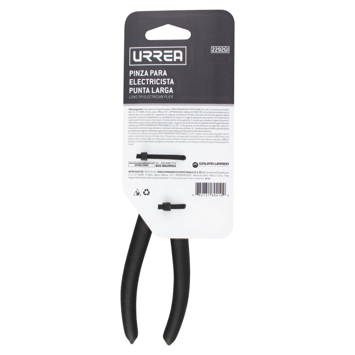 Pinza Para Electricista Con Mango Rubber Grip Punta Conica Corte Lateral De 8-9/16, Urrea 2292GI