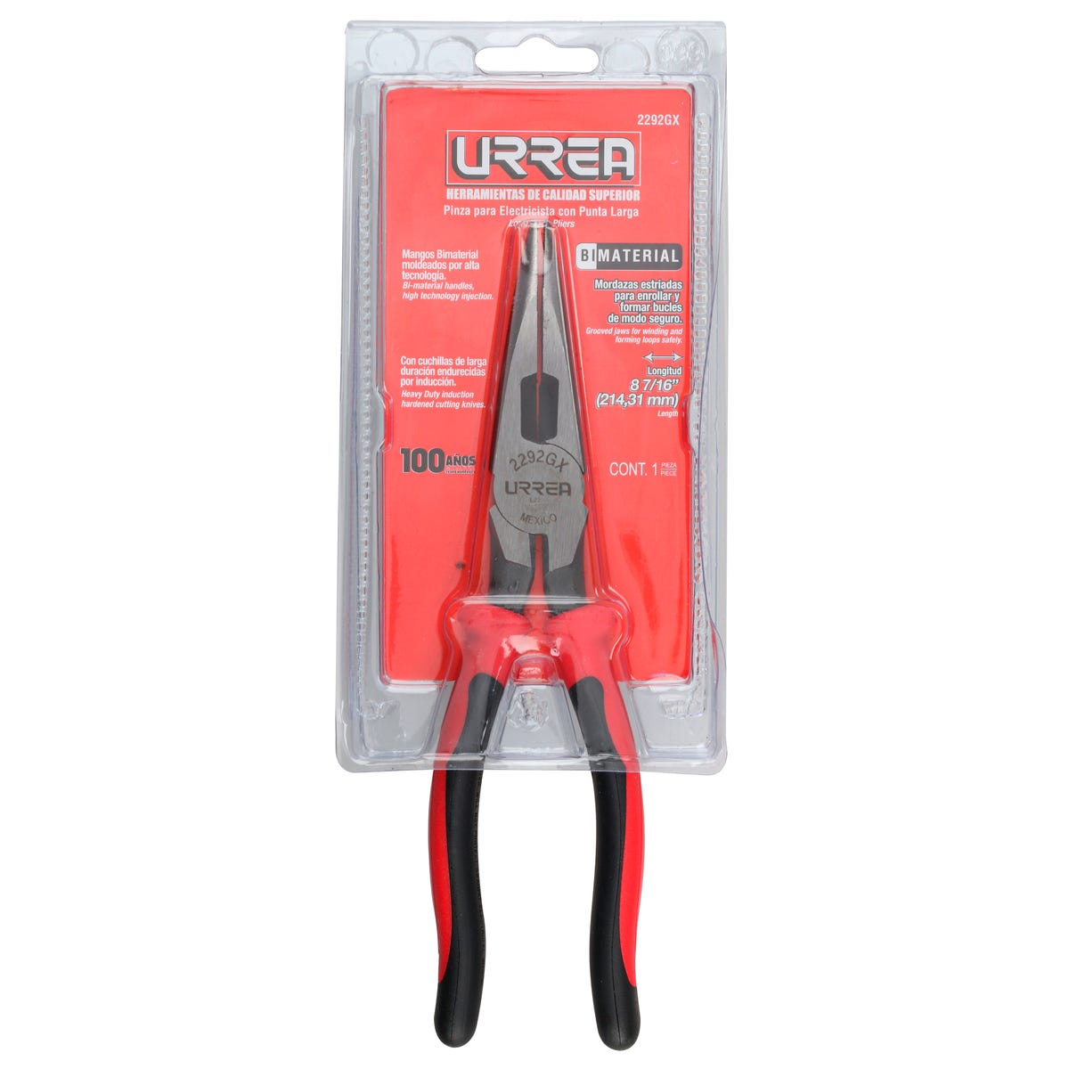 Pinza Para Electricista Con Mango Bimaterial Punta Larga Corte Lateral De 8-7/16, Urrea 2292GX
