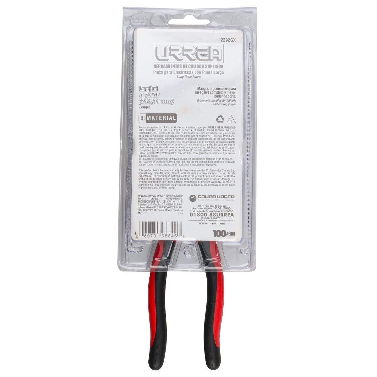 Pinza Para Electricista Con Mango Bimaterial Punta Larga Corte Lateral De 8-7/16, Urrea 2292GX