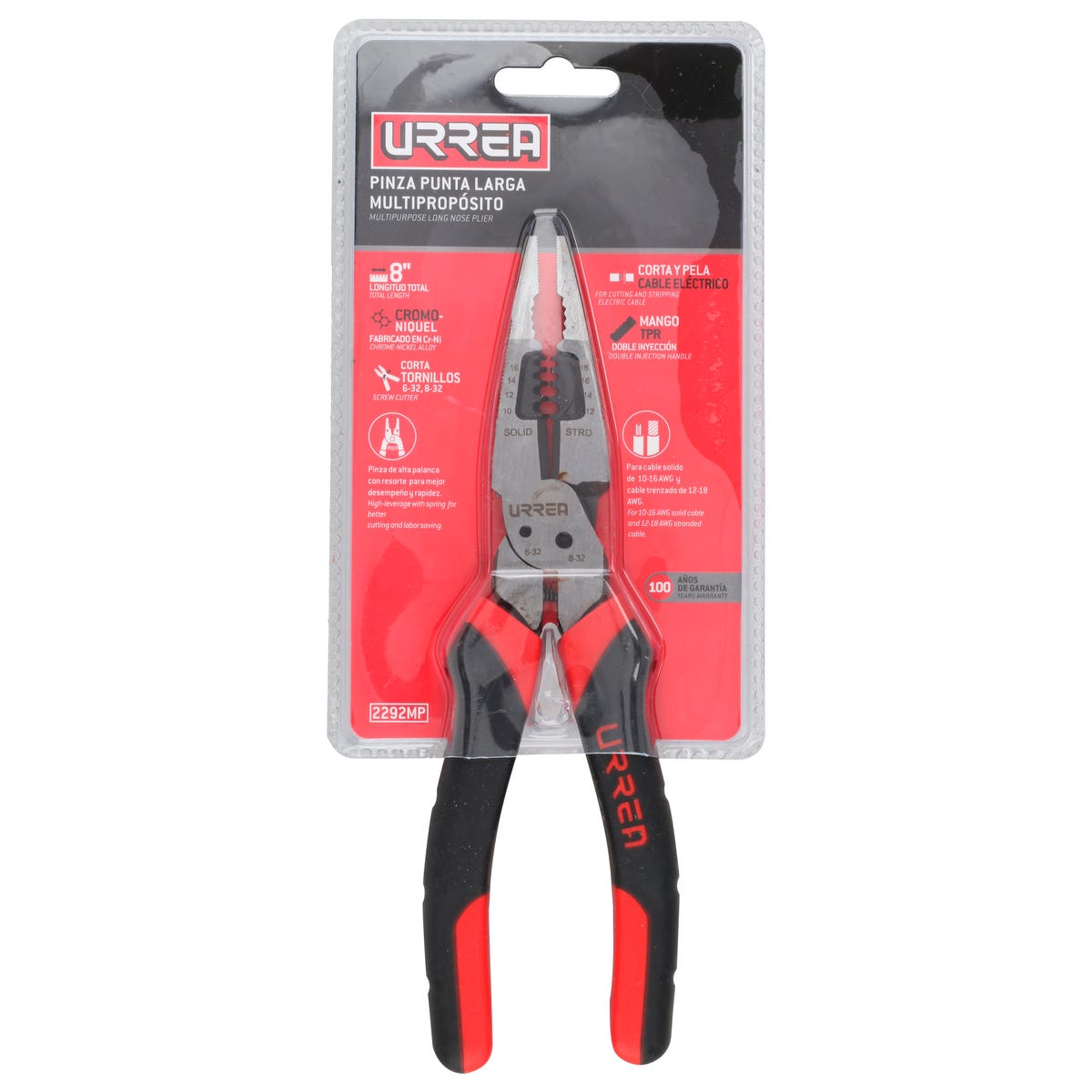 Pinza Multipropósitos Con Mango Bimaterial Punta Larga Corte Lateral De 8, Urrea 2292MP
