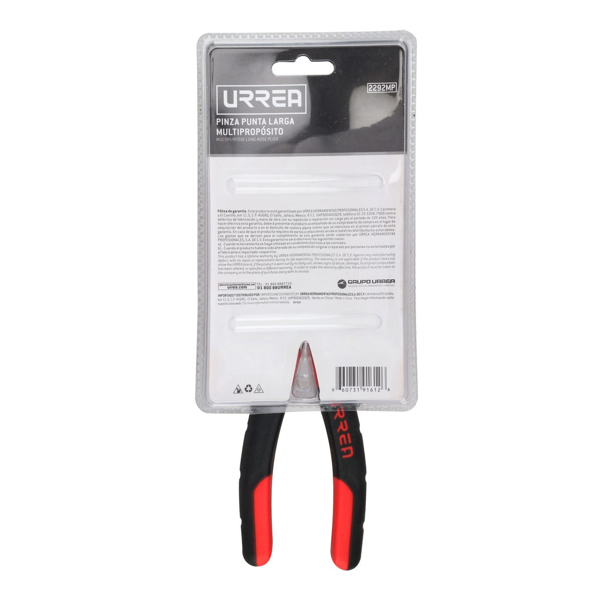 Pinza Multipropósitos Con Mango Bimaterial Punta Larga Corte Lateral De 8, Urrea 2292MP