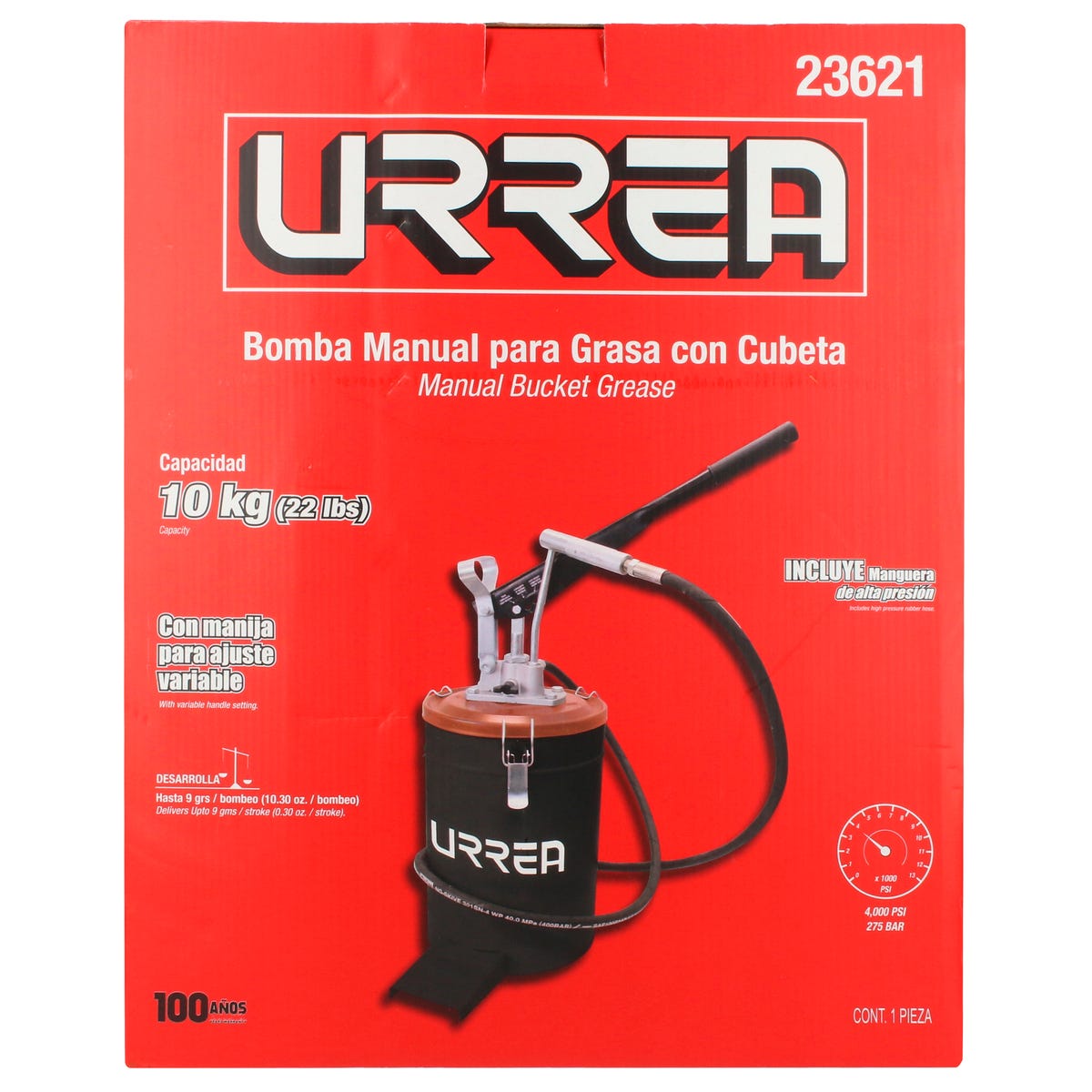 Inyector De Grasa Con Cubeta De Presión Variable De 10 kg, 4000 PSI, Urrea 23621
