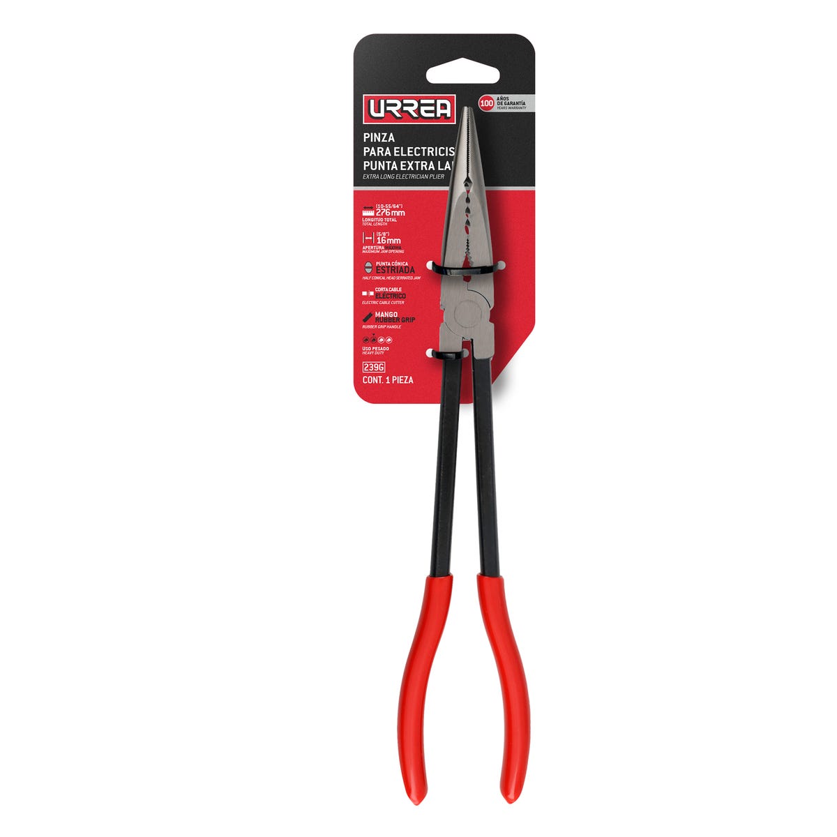 Pinza Extra Larga Para Electricista Con Mango Rubber Grip Punta Fina Recta De 11, Urrea 239G