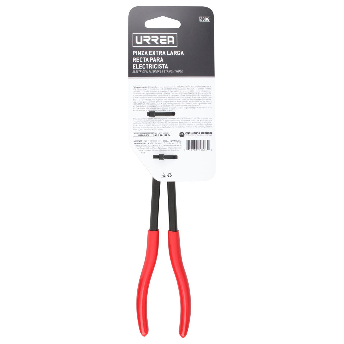 Pinza Extra Larga Para Electricista Con Mango Rubber Grip Punta Fina Recta De 11, Urrea 239G